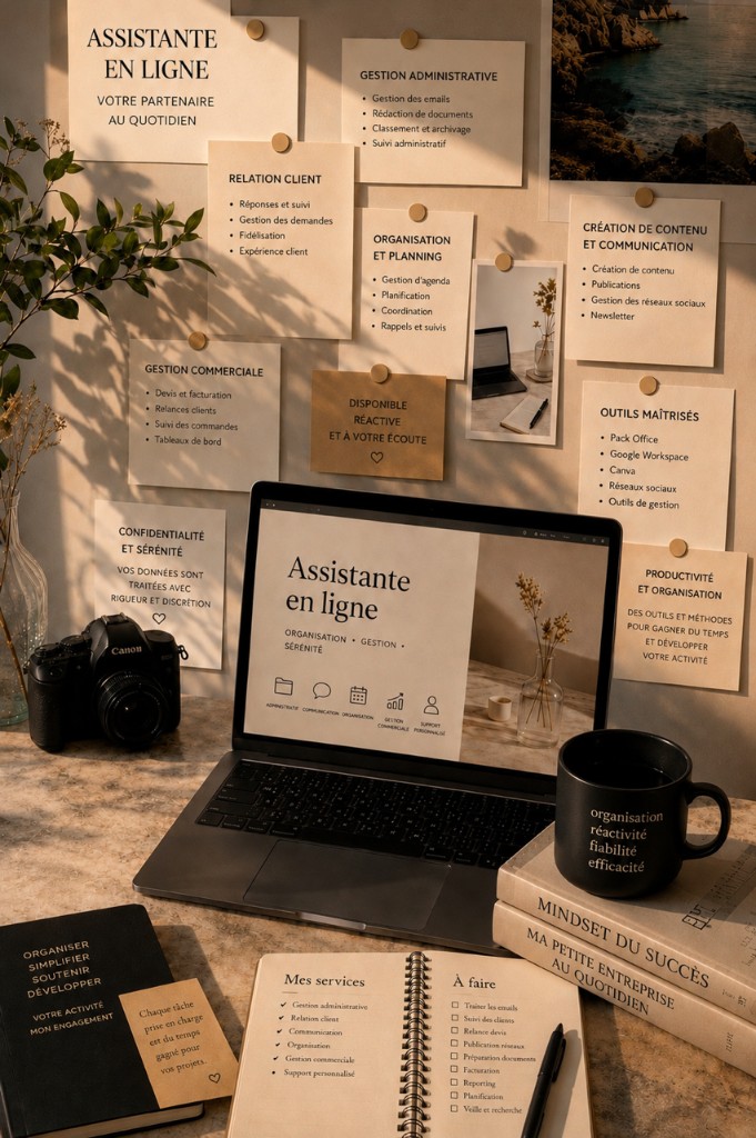 Assistante en ligne — bureau organisé et prestations